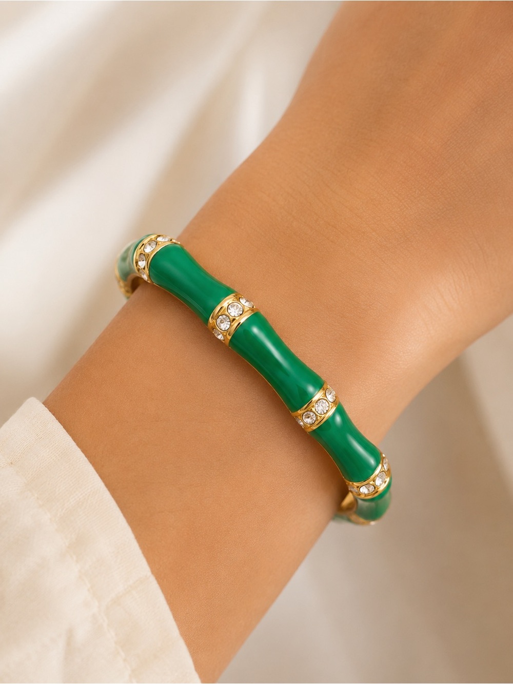 Gold-Tone Green Bamboo Style Bracelet with Crystal Accents • BRAND NEW